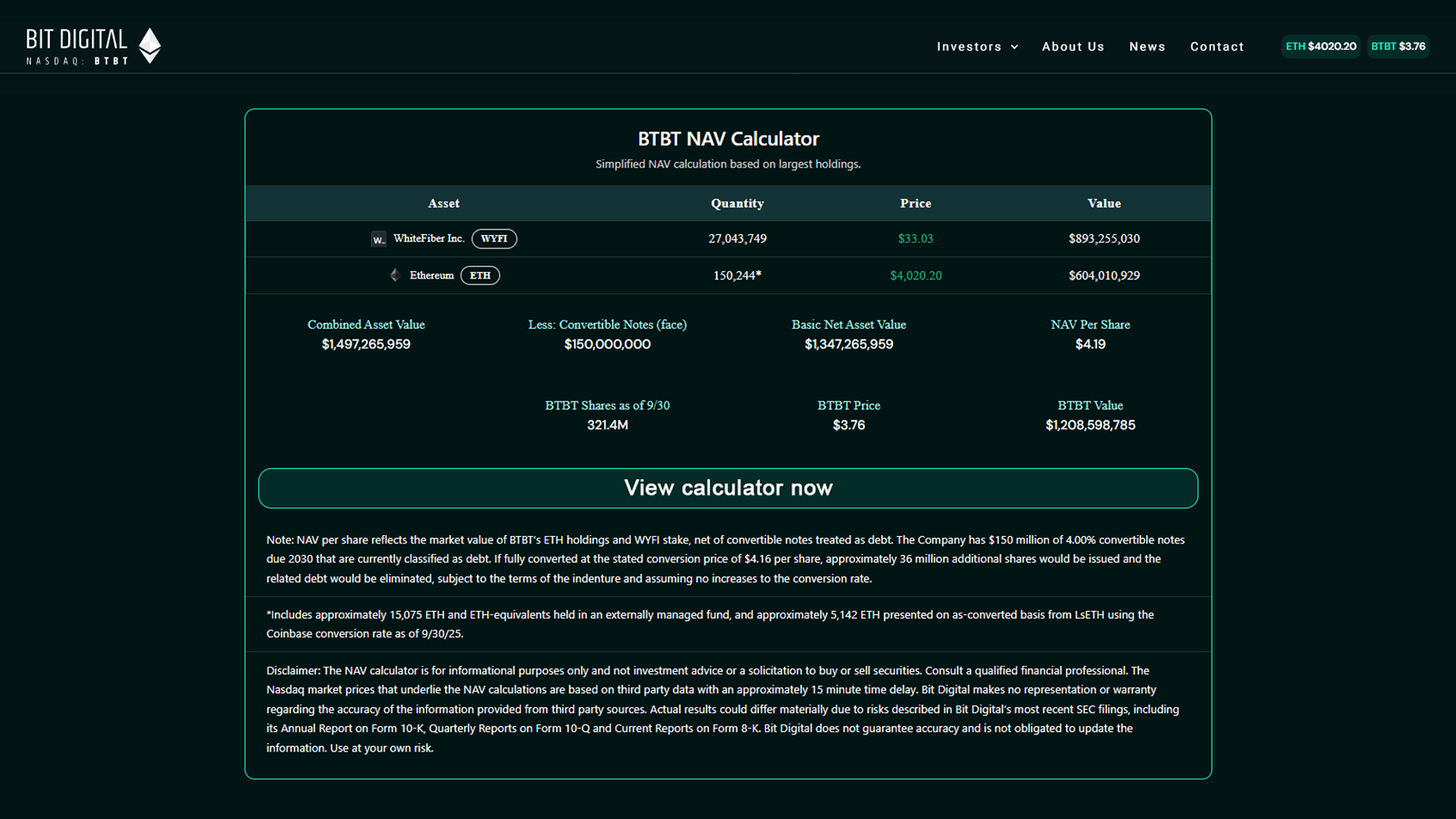Bit Digital | BTBT NAV Calculator